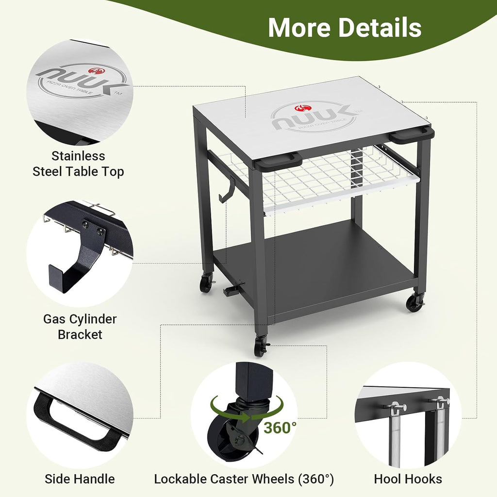 NUUK Grill Cart 30'x24' Pizza Oven Table for Outdoor 3-Shelf with Stainless Steel Top and Sliding Drawer BBQ Grilling Carts Outside Serving Prep Tables Indoor Stand