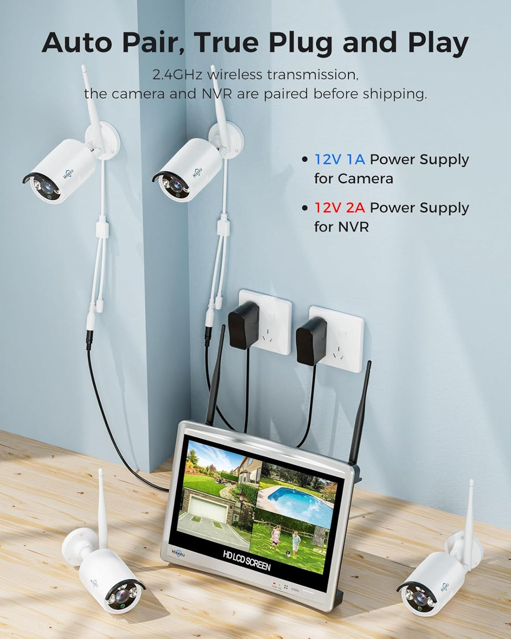 [16CH Expandable] Hiseeu Home Security System, 24/7 Recording 5MP Wired Plug-in Powered Outdoor Bullet Cameras, 2.4G/5G WiFi Pro, 4K NVR with 12' LCD Monitor, 3TB HDD, Night Vision, IP65