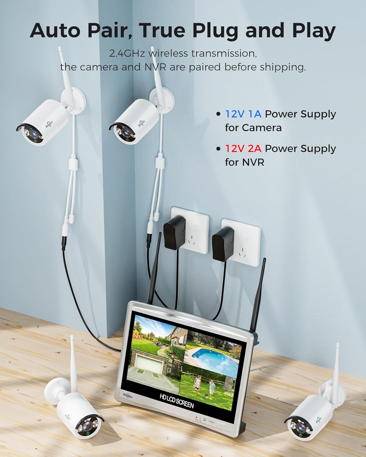 [16CH Expandable] Hiseeu Home Security System, 24/7 Recording 5MP Wired Plug-in Powered Outdoor Bullet Cameras, 2.4G/5G WiFi Pro, 4K NVR with 12' LCD Monitor, 3TB HDD, Night Vision, IP65
