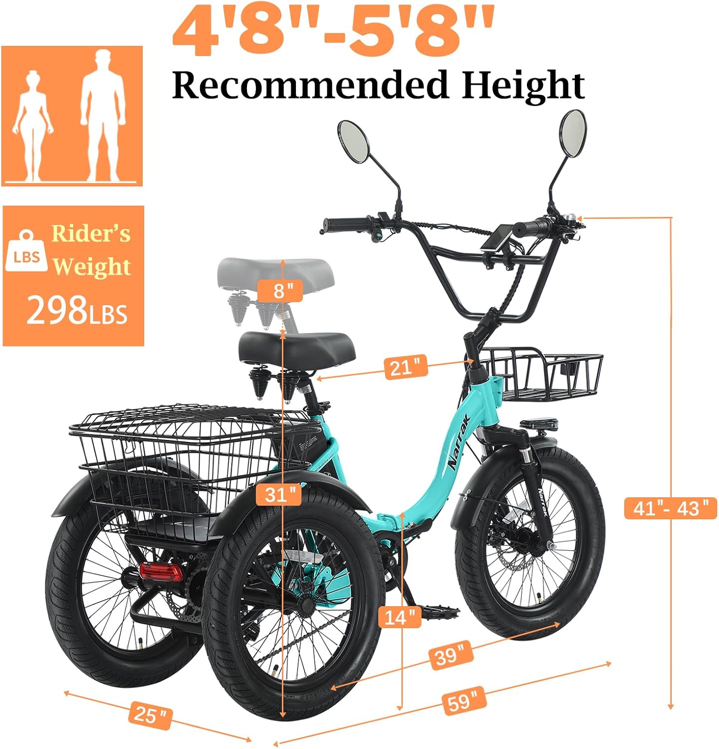 NARRAK Electric Tricycle for Adults,Fat Tire Folding Electric Trike,3 Wheels Electric Bicycle Bikes, Peak 700W/1100W Step-Thru Etrike with Removable Battery and Large Basket