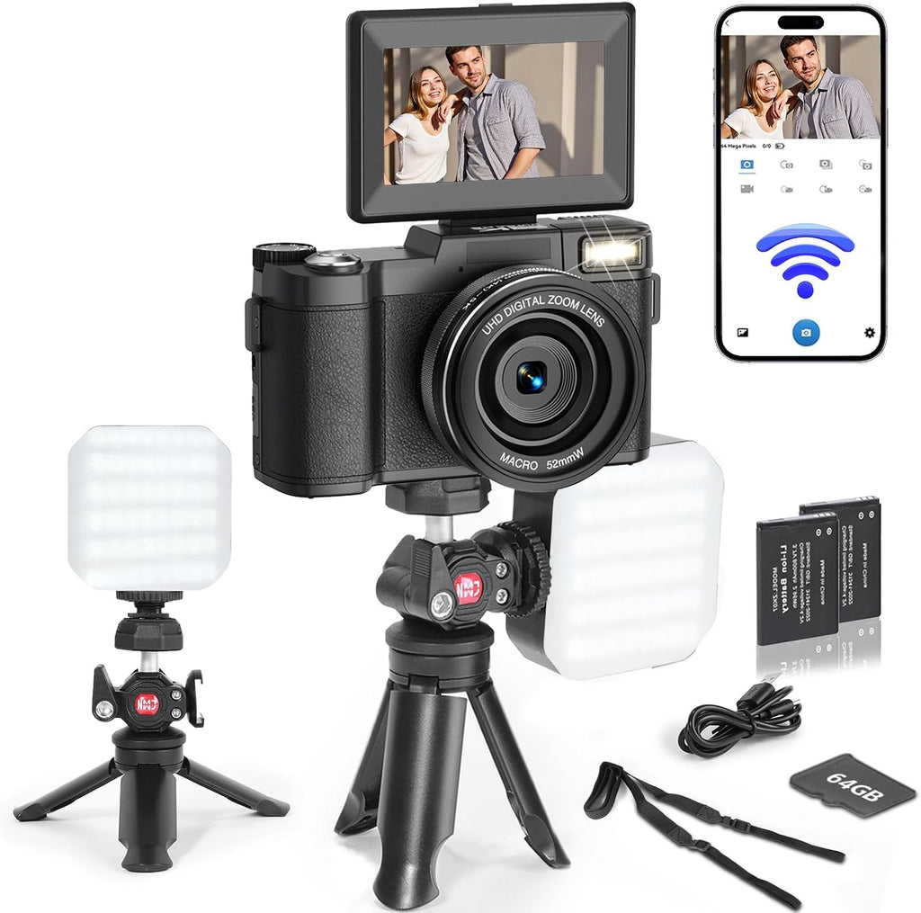5K Digital Camera with WiFi for Photography, 64MP Vlogging Camera with Flip Screen for YouTube, Includes 64GB SD Card, Tripod, Selfie Light & 2 Batteries