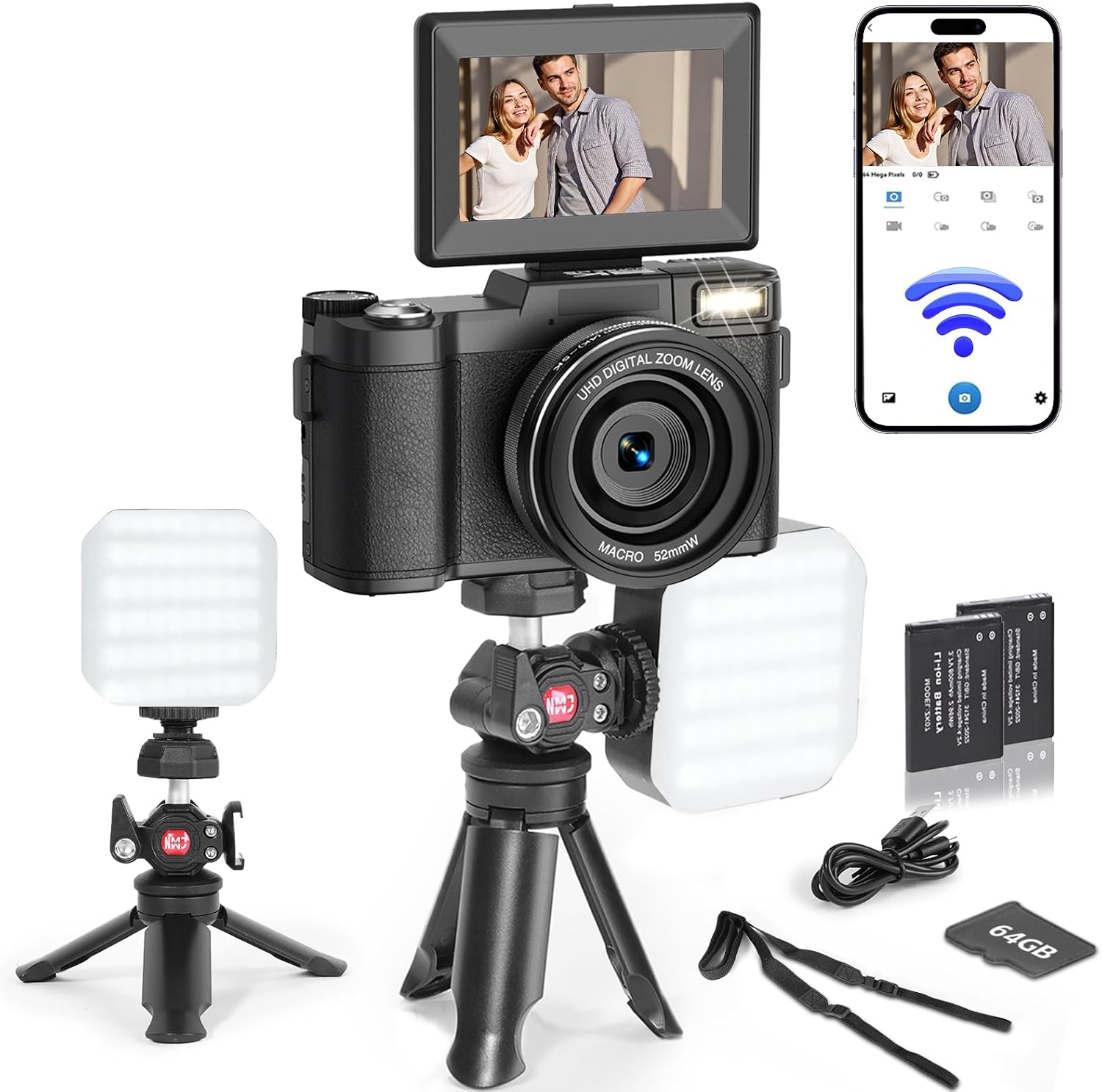 5K Digital Camera with WiFi for Photography, 64MP Vlogging Camera with Flip Screen for YouTube, Includes 64GB SD Card, Tripod, Selfie Light & 2 Batteries