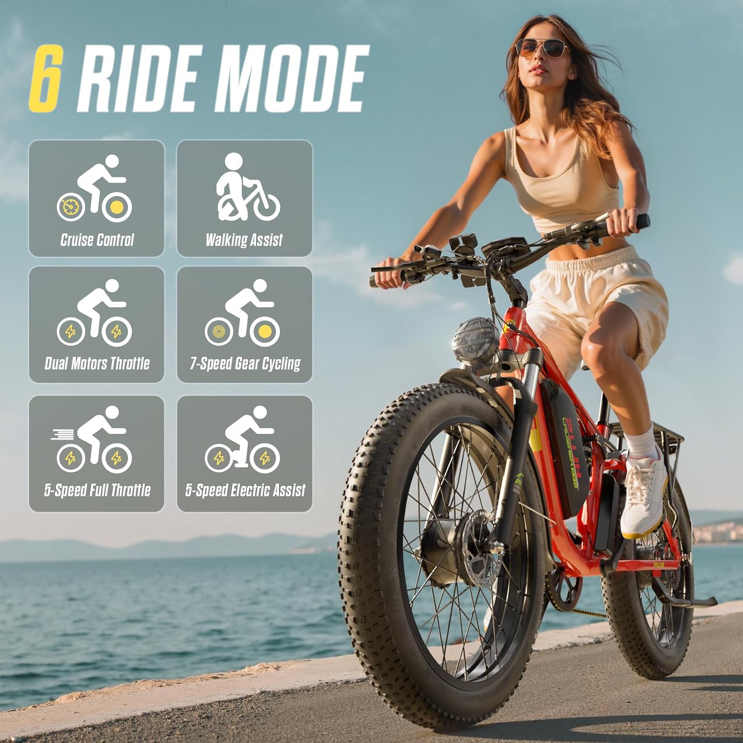 6000W Dual Motors Electric Bike for Adults,60V 20Ah 26' Fat Tire Ebike,50 mph up to 100 Miles Full Suspension Class 3 Electric Bicycle for Snow Off Road Mountain Hunting Commuter