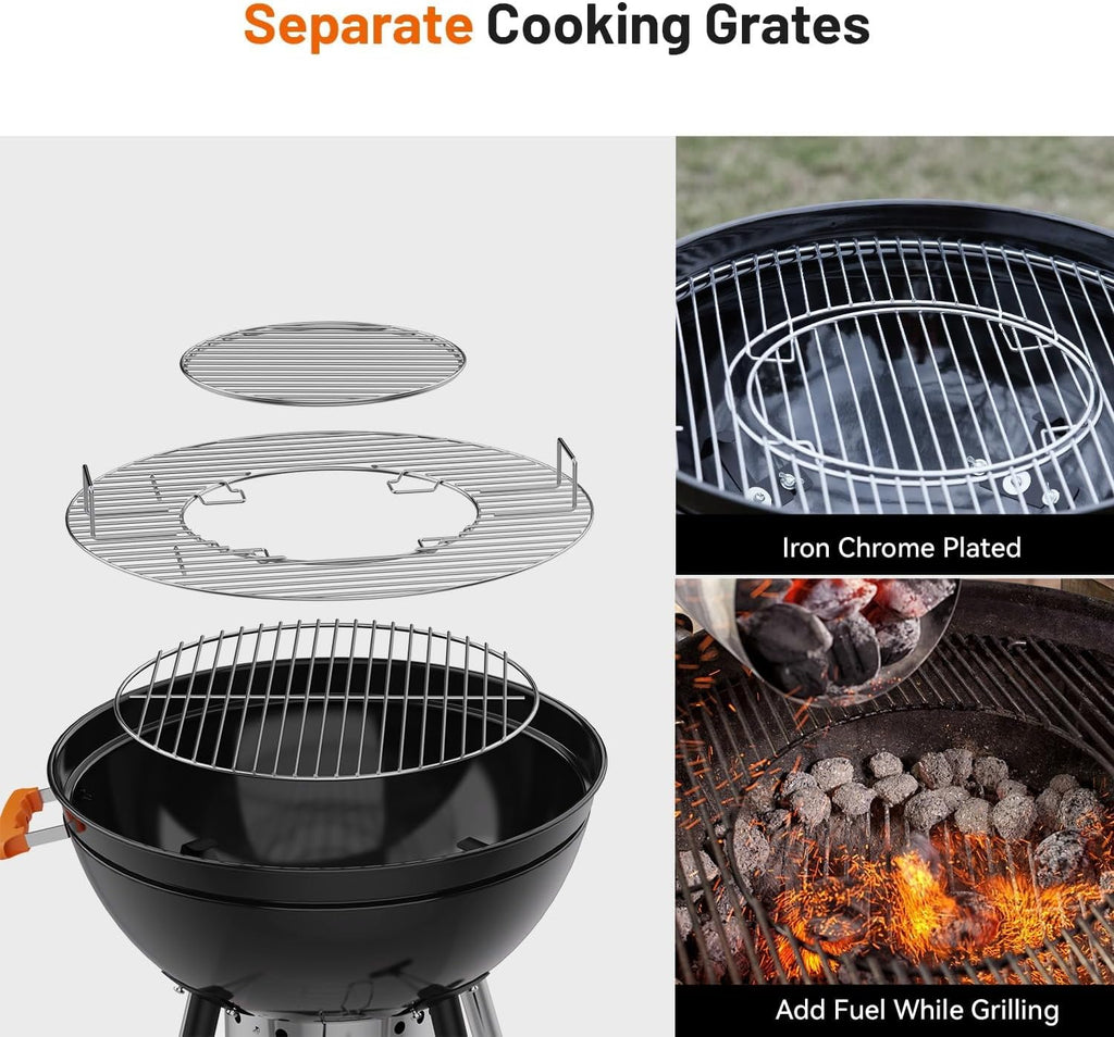 KEYO GRILL 22.5-inch Kettle Charcoal Grills, Portable Charcoal Grill with Adjustable Vents, One Click Cleaning System, Walnut Side Table Outdoor BBQ Grill for Camping, Tailgating and Backyard