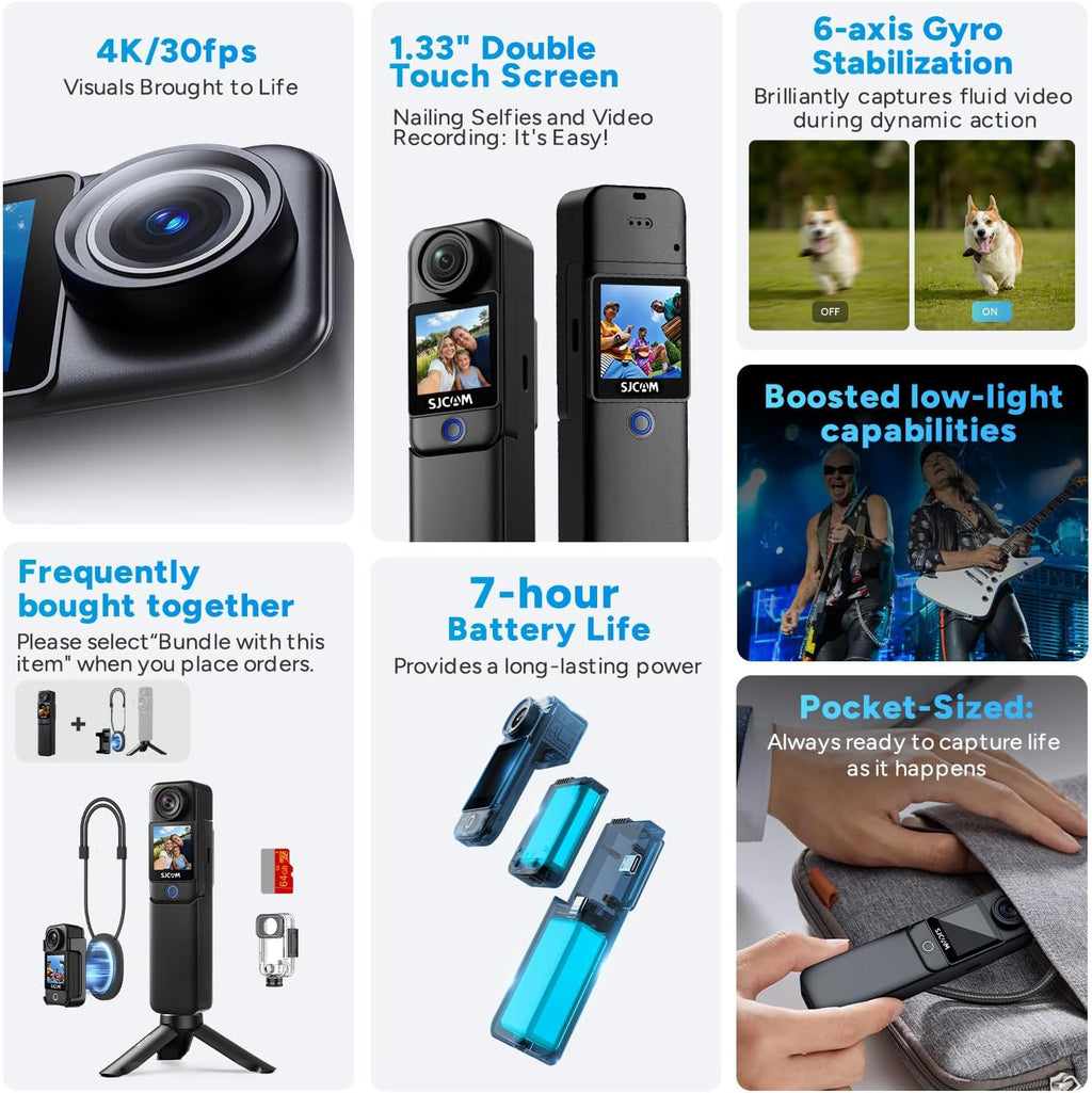 SJCAM C300 4K Action Camera,64GB Magnetic Body Cam & Handheld Detachable Design, Vlogs for Content Creators YouTube Streaming,7Hour Power,Stabilization,Waterproof,Black