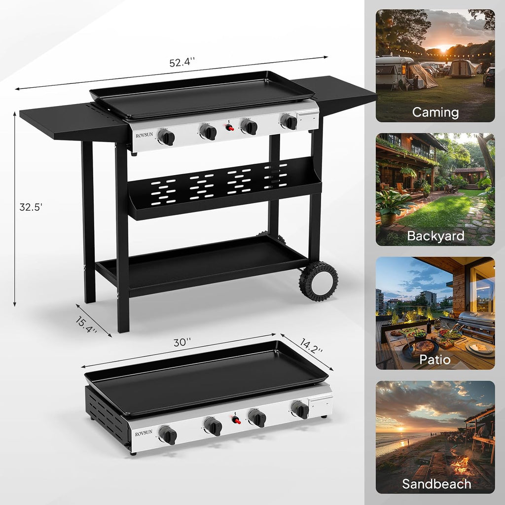 ROVSUN 4 Burner Portable Propane Griddle with Nonstick Enameled Tray, 40000 BTU Rolling Flat Top Gas Grill with Electronic Ignition, Side Shelves & Regulator for Outdoor Cooking Camping BBQ Tailgating