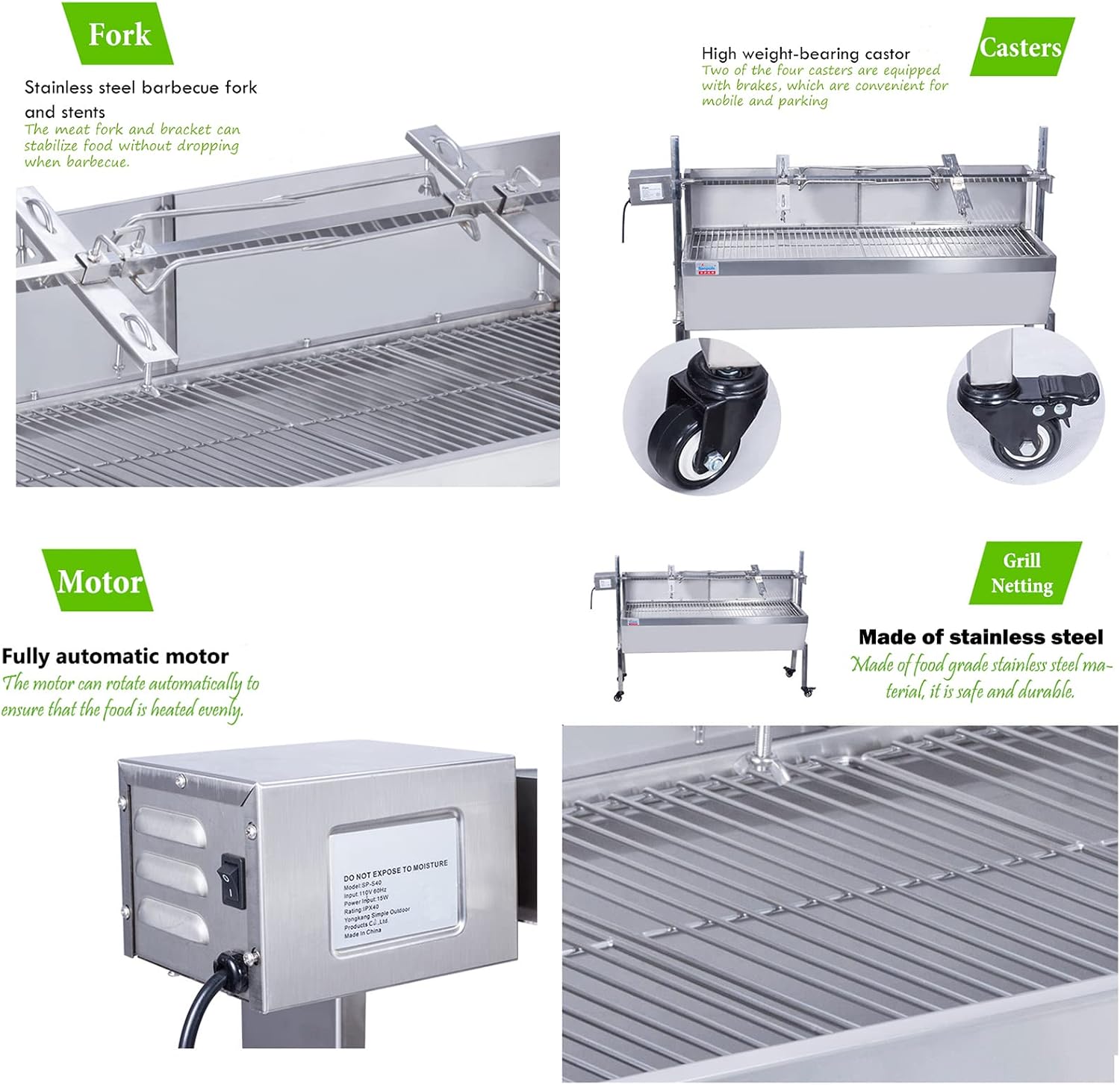 35 Inch BBQ Rotisserie Grill Roaster Stainless Steel Barbecue Charcoal Grill with Back Cover Automatic Rotary Pig Lamb Spit Kit 15W 110V