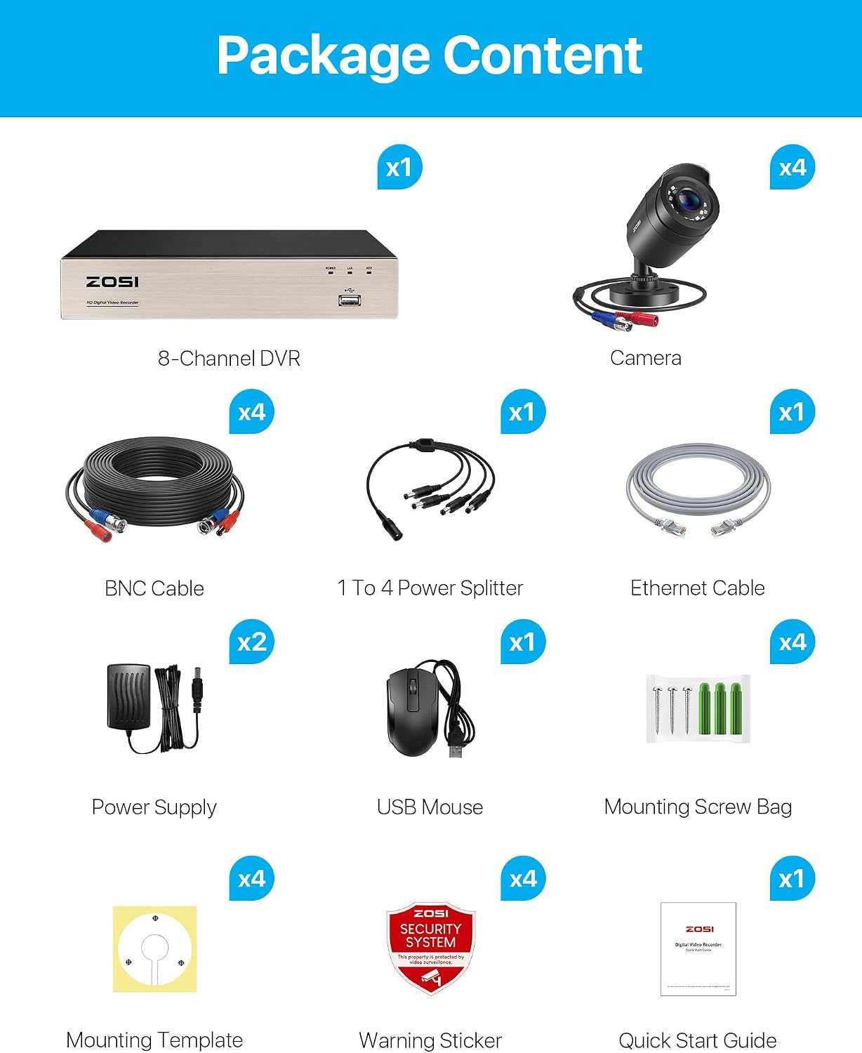 ZOSI 8CH CCTV Camera System, H.265+ 5MP Lite DVR Recorder with 4 x 1080P Outdoor Indoor Security Bullet Cameras, AI Human Vehicle Detection, 80ft Night Vision, Remote Access, NO Hard Drive
