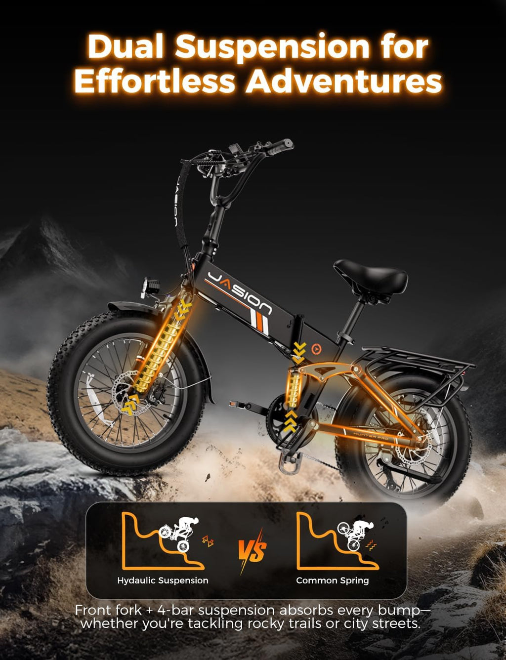 Jasion X Hunter PRO Electric Bike for Adults,1800W Peak 20''Fat Tire Foldable E Bikes,Folding Ebike Up to 80 Miles Range 30 MPH,720 WH Removable Battery,Certified by UL2849，X Hunter Upgrade