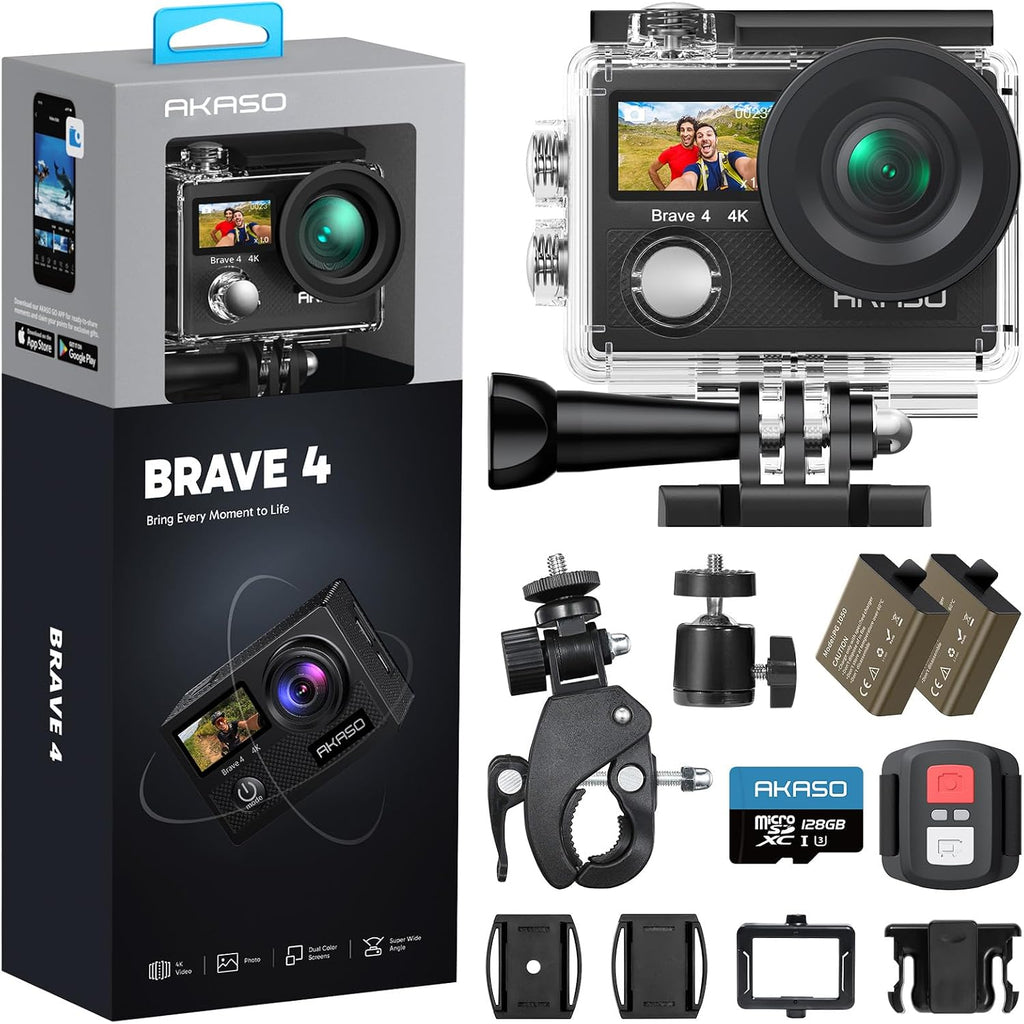 AKASO Brave 4 Action Camera with 128GB Micro SD U3 Card 4K30FPS 20MP Ultra HD 131FT Waterproof Underwater Camera EIS WiFi Remote Control 5X Zoom Sport Camera with Motorcycle Bicycle Accessories Kit