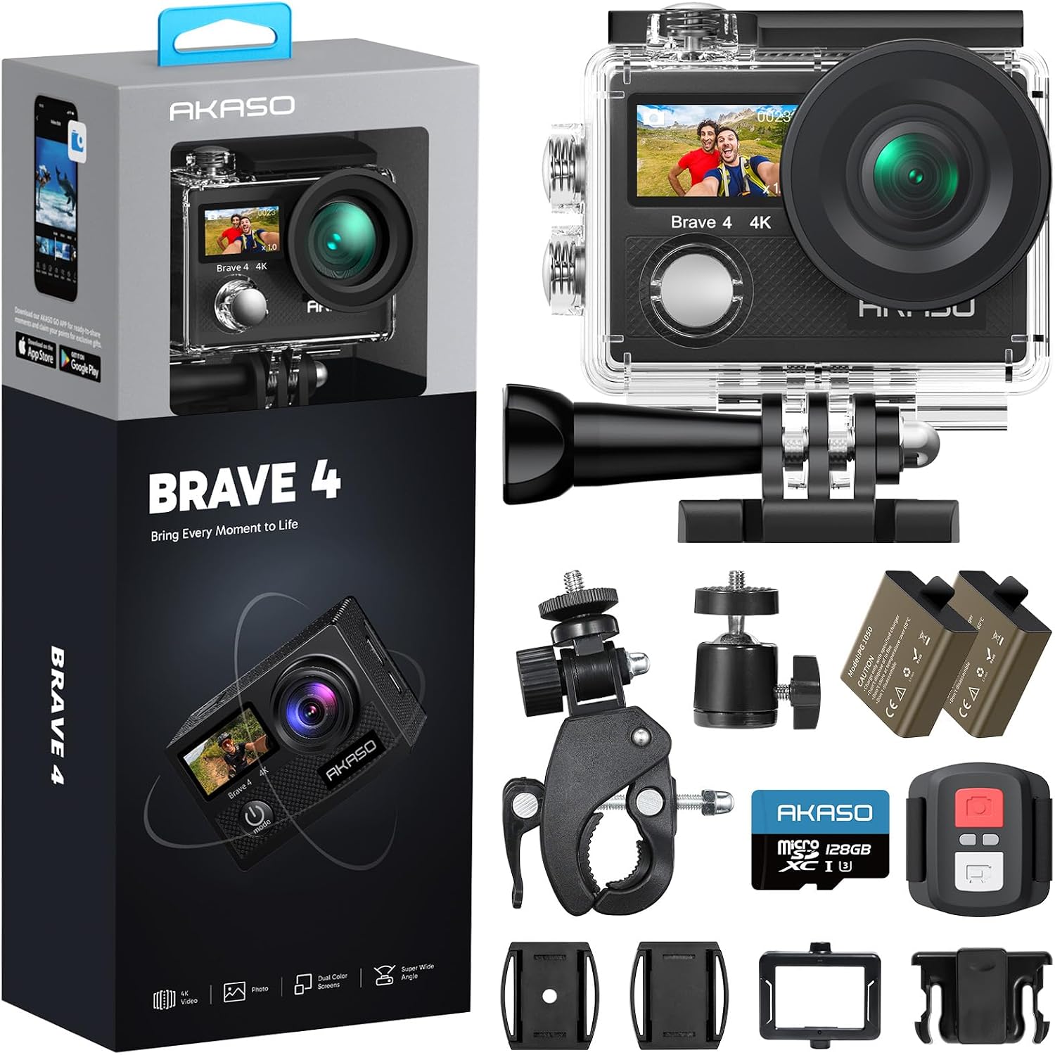 AKASO Brave 4 Action Camera with 128GB Micro SD U3 Card 4K30FPS 20MP Ultra HD 131FT Waterproof Underwater Camera EIS WiFi Remote Control 5X Zoom Sport Camera with Motorcycle Bicycle Accessories Kit