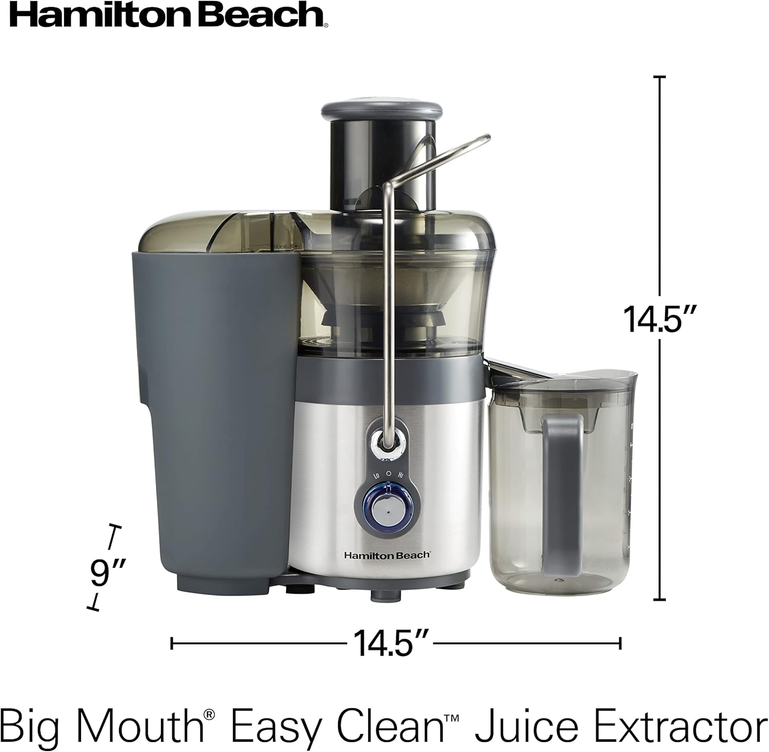 Hamilton Beach Juicer Machine, Centrifugal Extractor, Big Mouth 3' Feed Chute, Easy Clean, 2-Speeds, 40 oz. BPA Free Pitcher, 850 Watt Motor, Silver (67850)