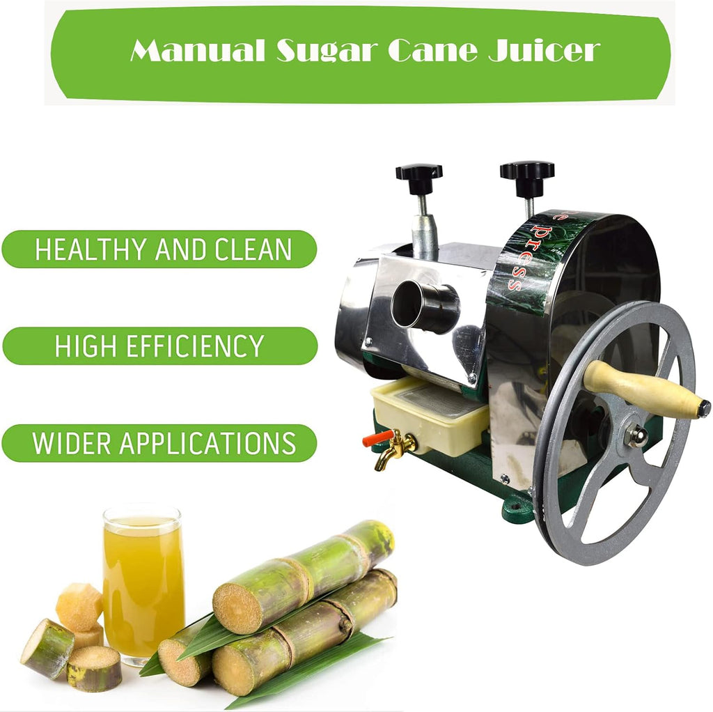 Manual Sugar Cane Press Juicer Machine, 3 Rolls Stainless Steel Sugarcane Crusher Grinder, W/2 Peeling Knives and Wooden Handle, for Sugarcane Ginger Sweet Sorghum