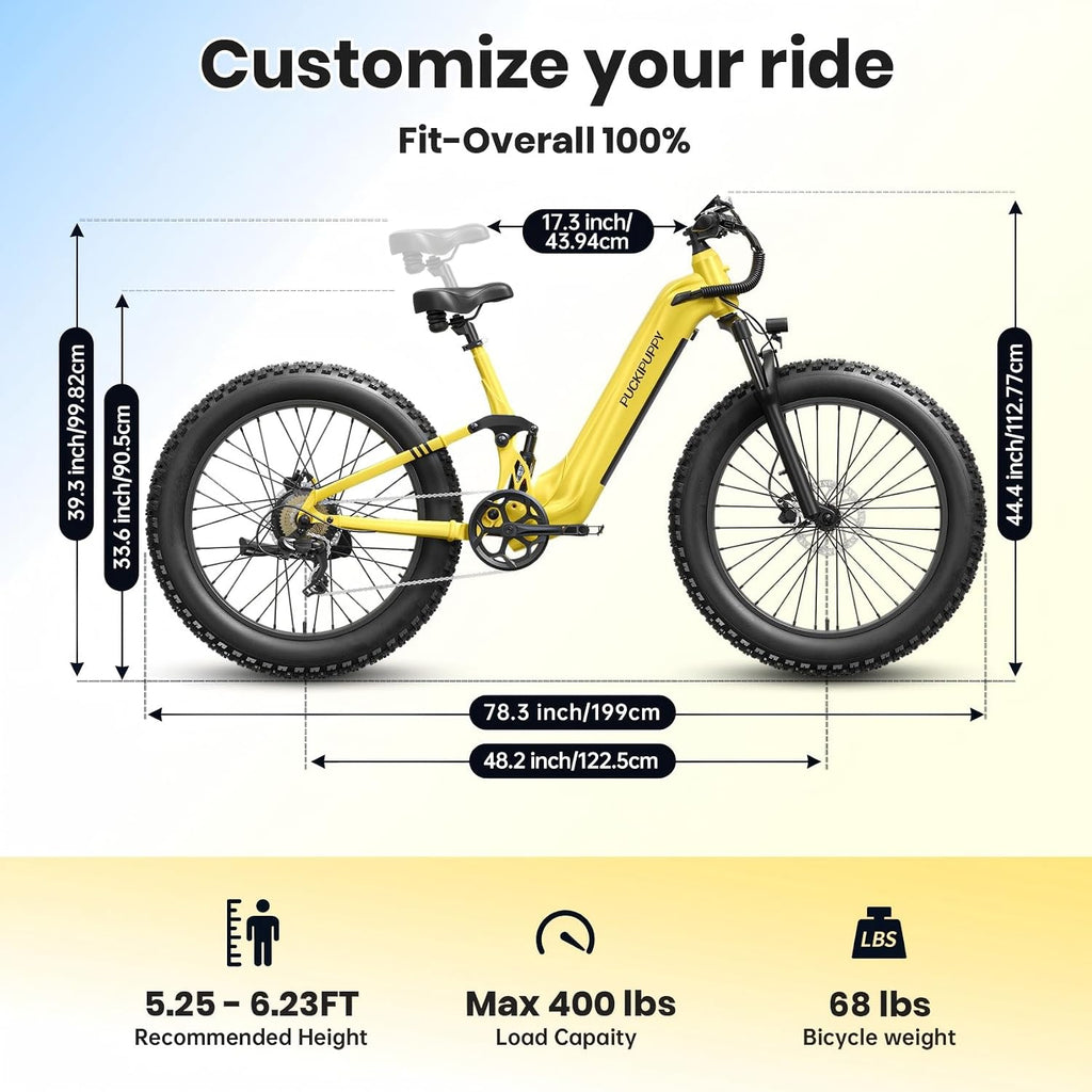 PUCKIPUPPY Electric Bike for Adults 960W, 48V 20AH Battery Adult Ebike, Full Suspension 26' Fat Tire E Bike, 28MPH 80Miles Range Mountain Electric Bicycle, 7 Speed, Hydraulic Disc Brakes