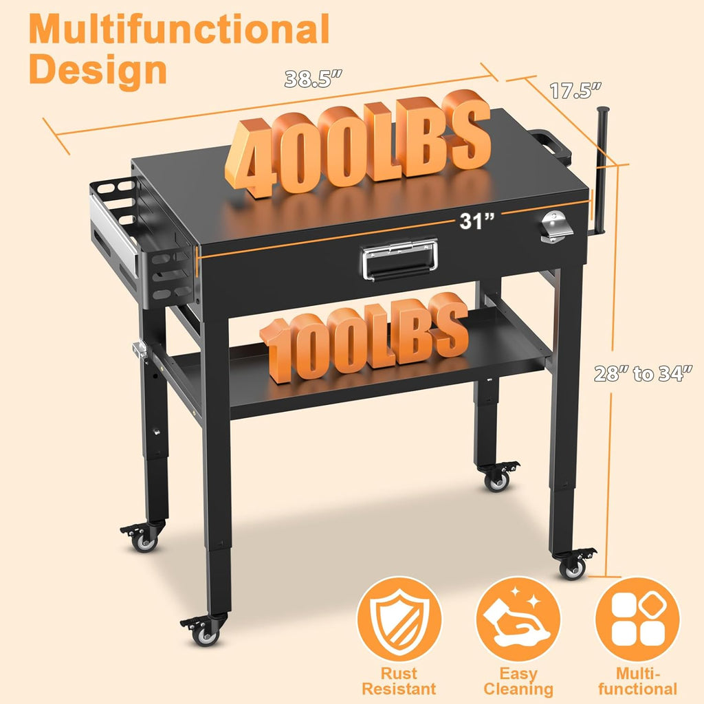 28' and 34' Upgrade Height & Quick-Fold Portable Grill Cart for Ninja Woodfire (OG700 Series), MO201 OO101 Pizza Oven, Blackstone 17'/22' Griddle – Outdoor Ninja Grill Stand with 4 Swivel Wheels