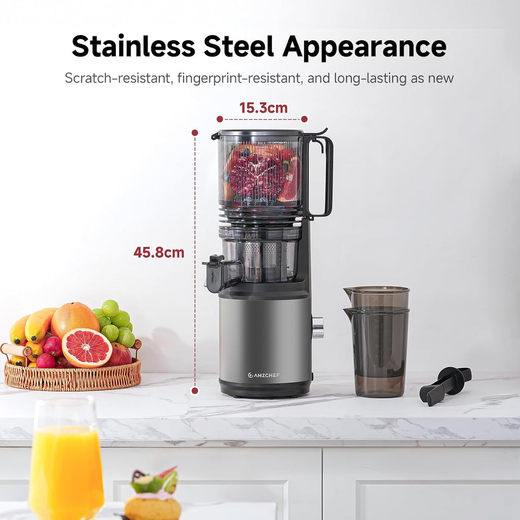 Cold Press Juicer Machine with 6' Extra-Wide Feed Chute,Triple Stainless Steel Filter,Quiet DC Motor,Easy to Clean,Slow Masticating Juicer High Juice Yield,Grey