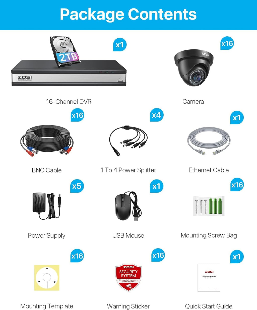 ZOSI 16 Channel Security Camera System 1080p, 2MP H.265+ Hybrid 16CH DVR with AI Human Vehicle Detect, 16 x 1080p CCTV Dome Camera Outdoor, 80ft Night Vision, 90° View Angle, Remote Access, 2TB HDD