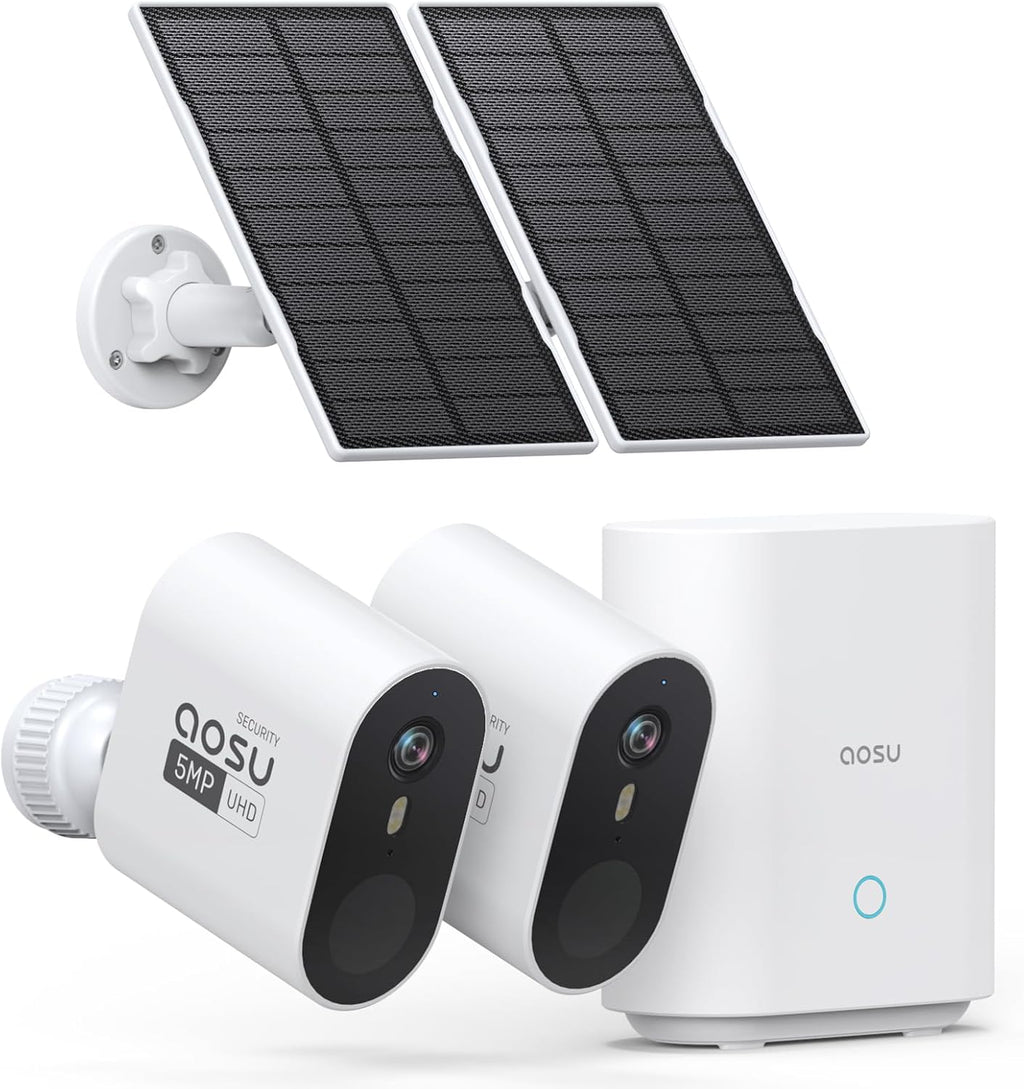 aosu 3K/5MP Solar Security Cameras Wireless Outdoor Home Surveillance System, 166° Ultra-Wide-Angle, HD Color Night Vision, Spotlight & Siren Alarm, Motion Alert, No Subscription Required, 2-Cam-Kit