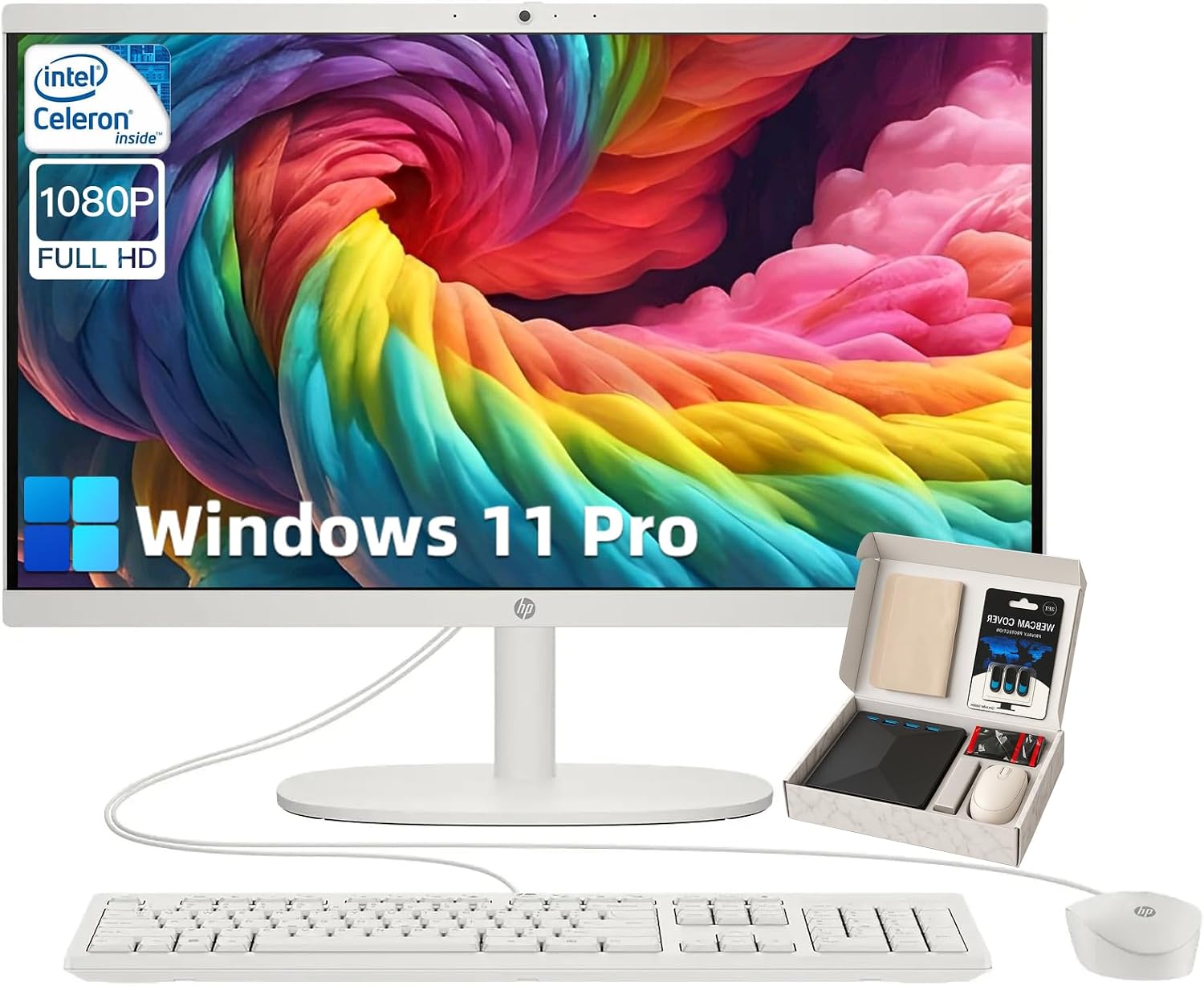 HP 21.5-inch All-in-One Desktop Computer - Office Lifetime & Win 11 Pro | FHD Anti-Glare Display | Intel Celeron | HDMI | WiFi6 | Webcam | w/Bundle Accessories | 32GB RAM + 1TB SSD