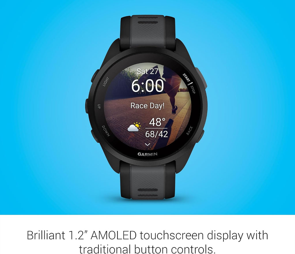 Garmin Forerunner 165, Running Smartwatch, Colorful AMOLED Display, Training Metrics and Recovery Insights, Black