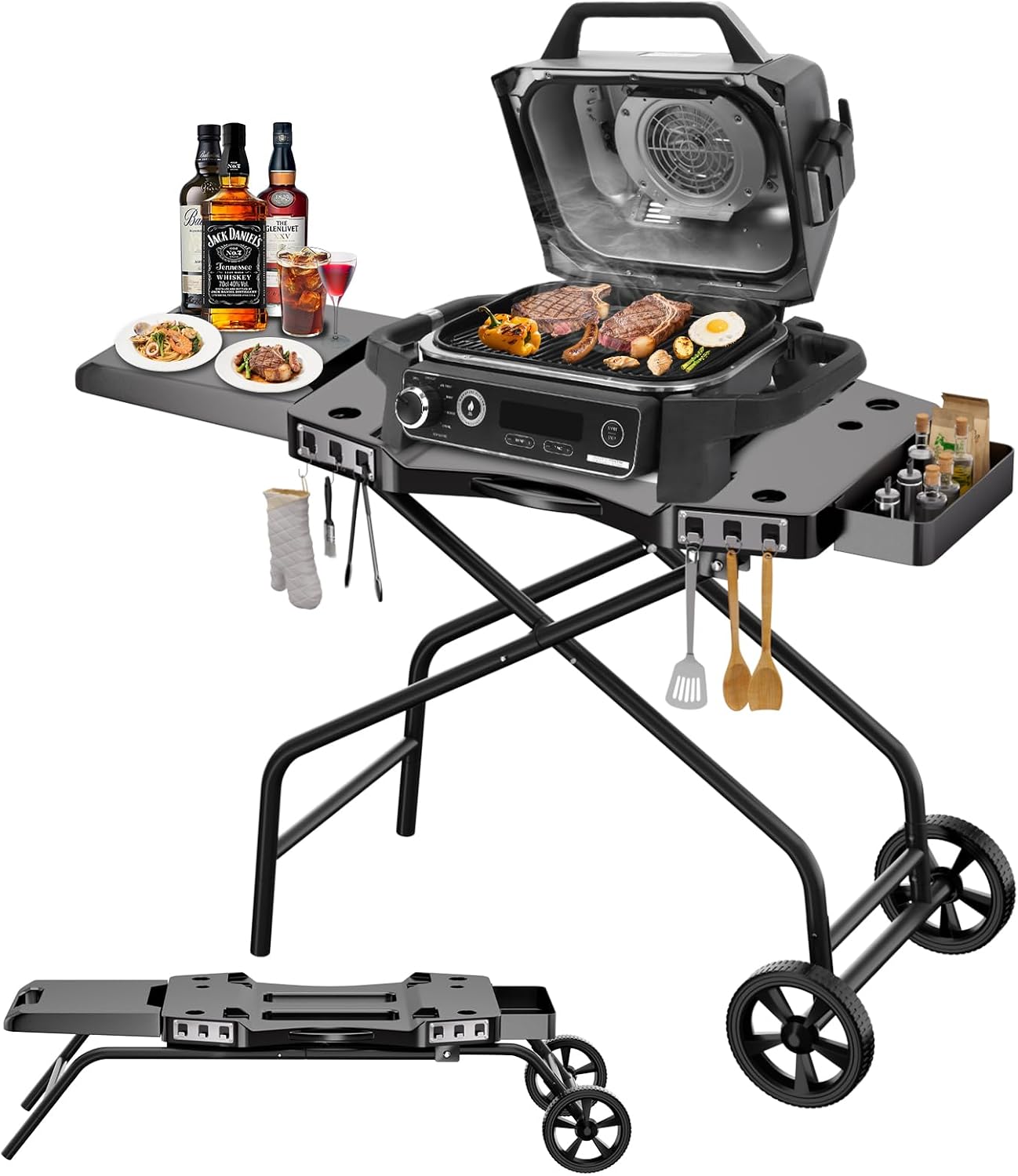 GRISUN Foldable Grill Table Stand for Ninja Woodfire Outdoor Grill（OG700/701/751), Portable Camping Table for Blackstone 22', Portable BBQ Stand with 2 Wheels, Side Table & Storage Basket
