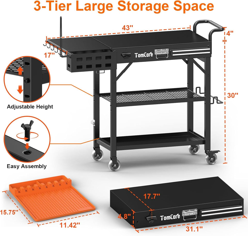 TomCare Grill Table with 3-Tier Storage Shelves Lockable Wheels Grill Cart with Silicone Grill Mat Heavy Duty Outdoor Tabletop Griddle Stand Holds 500Lbs Fits 22' Blackstone Ninja Cuisinart BBQ Grill