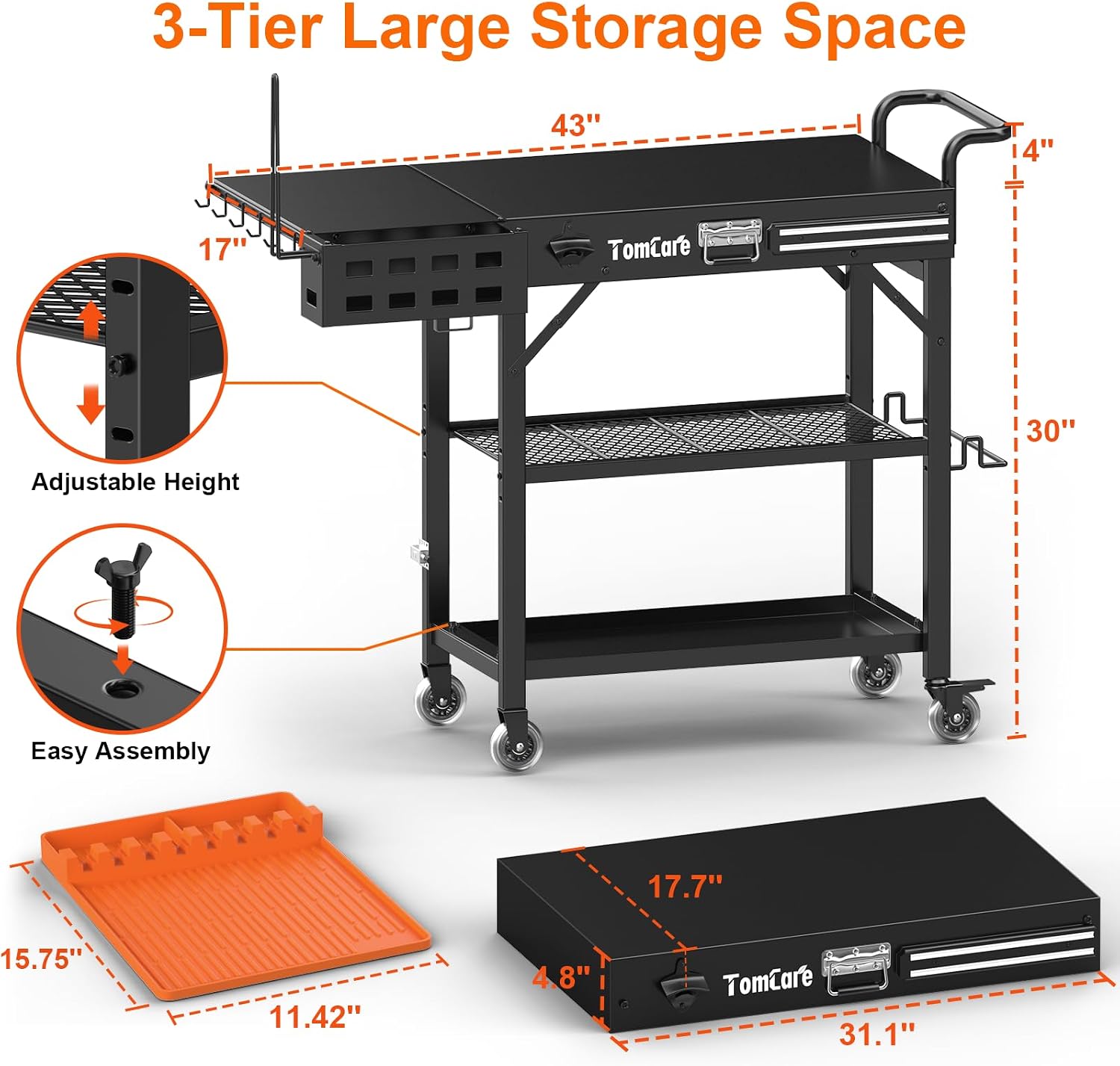 TomCare Grill Table with 3-Tier Storage Shelves Lockable Wheels Grill Cart with Silicone Grill Mat Heavy Duty Outdoor Tabletop Griddle Stand Holds 500Lbs Fits 22' Blackstone Ninja Cuisinart BBQ Grill