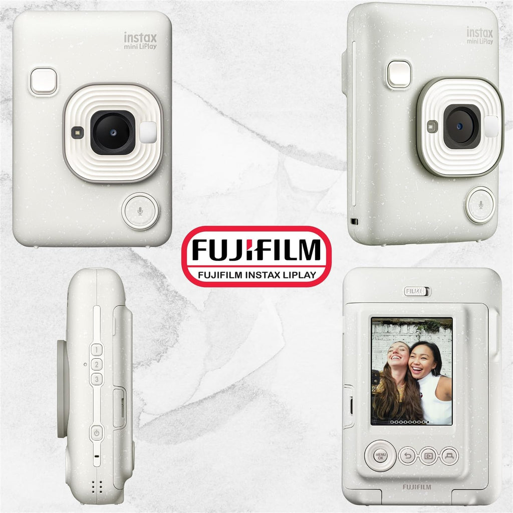 Fujifilm INSTAX Mini LiPlay Hybrid Instant Camera Bundle with 20 Sheets INSTAX Mini Film, 32GB microSD Card, USB Charging Cable, Hand Strap, Cleaning Cloth (Misty White)