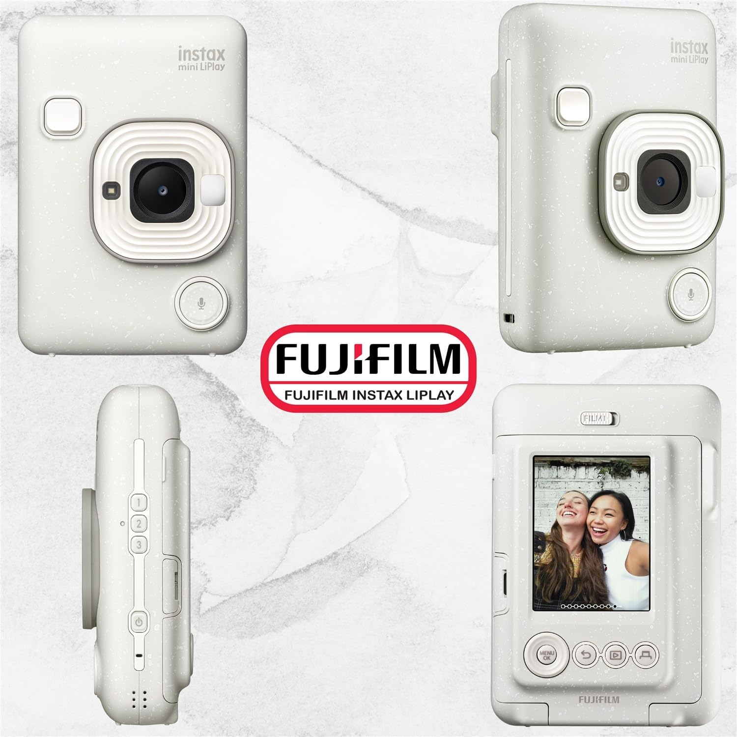 Fujifilm INSTAX Mini LiPlay Hybrid Instant Camera Bundle with 20 Sheets INSTAX Mini Film, 32GB microSD Card, USB Charging Cable, Hand Strap, Cleaning Cloth (Misty White)