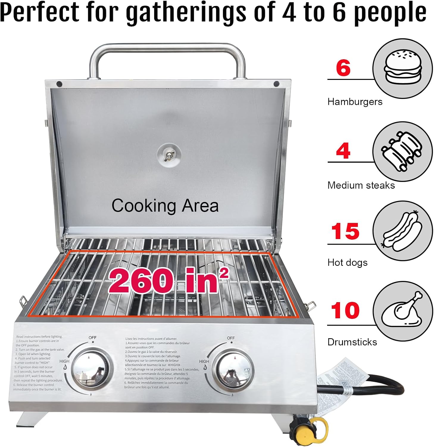 BBQCuker Small Tabletop Gas Grill 2-Burner, Portable Propane Gas Grill with Foldable Legs for Outdoor Camping Cooking Two 10,000 BTU Burners Stainless Steel,Built-in Thermometer