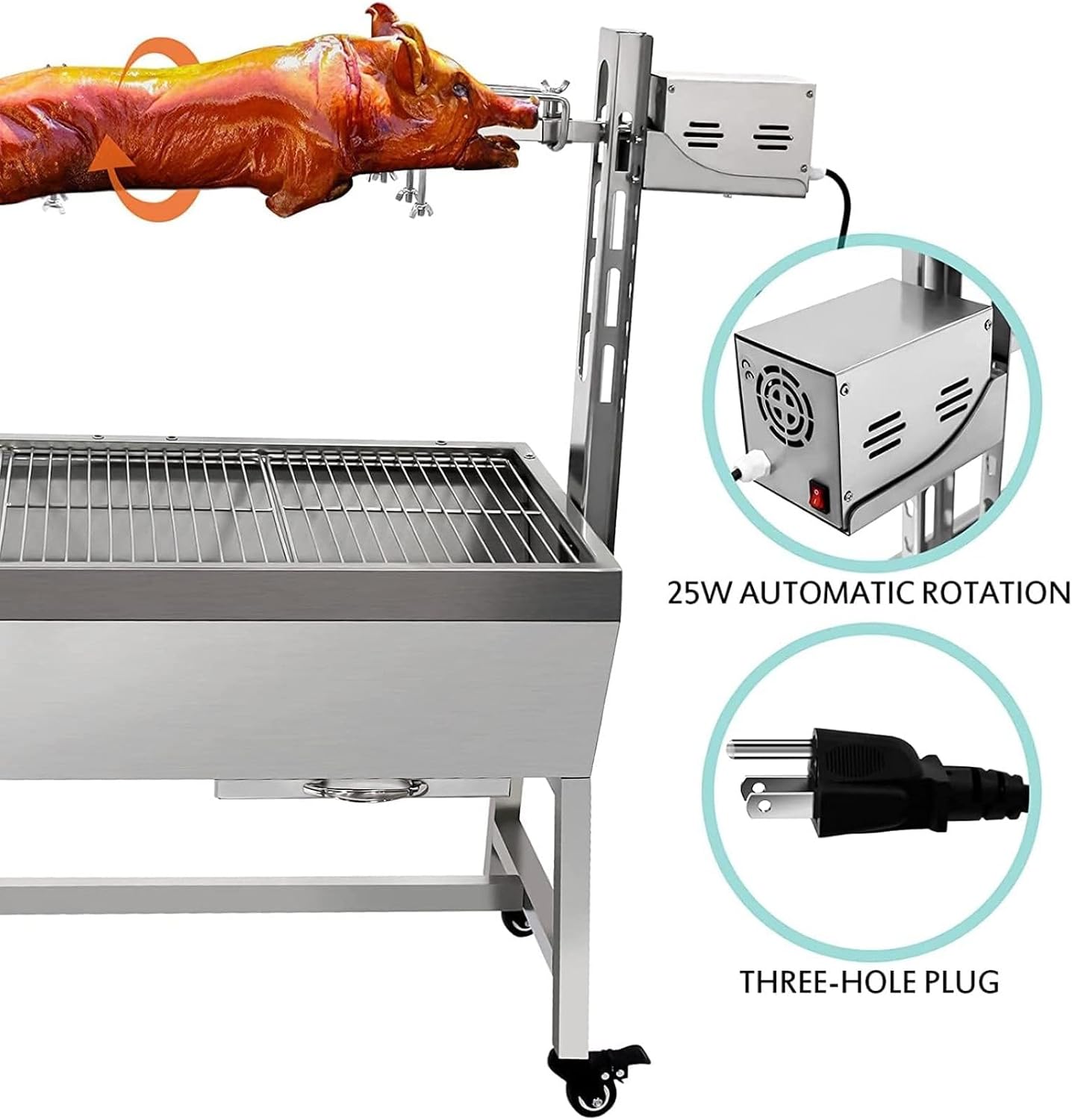 Stainless Steel Rotisserie Grill without Back Cover Guard, 132Lbs Capacity 25W Motor Small Pig Lamb Rotisserie Roaster, 37 Inch BBQ Charcoal Rotisserie Grill for Camping Outdoor