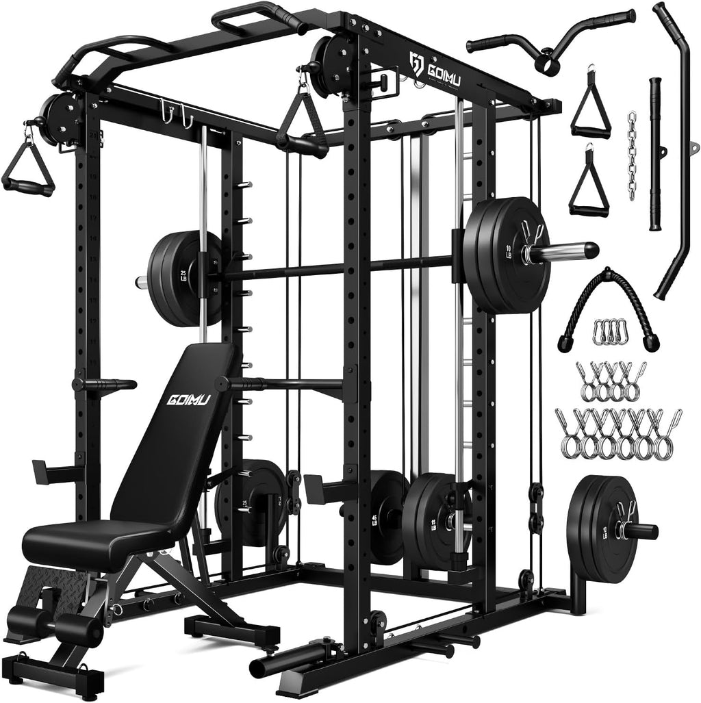 S1-V4 Smith Machine, 2000LBS Power Cage with Cable Crossover System, All-in-One Squat Rack with Smith Bar, Strength Training Equipment for Hone Gym