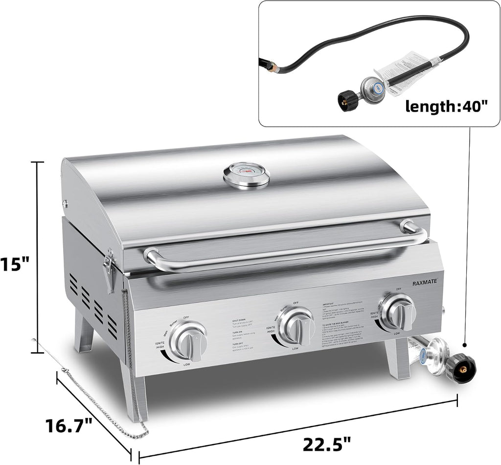 Tabletop Gas Grill 3-Burner, 22-inch Portable Propane Grill, 30,000 BTUs Stainless Steel Grill with Foldable Legs, Ideal for BBQ, Camping, Patio, Backyard, Tailgate, and Holiday Gatherings