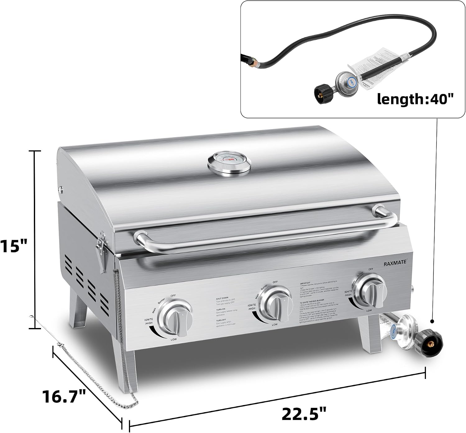 Tabletop Gas Grill 3-Burner, 22-inch Portable Propane Grill, 30,000 BTUs Stainless Steel Grill with Foldable Legs, Ideal for BBQ, Camping, Patio, Backyard, Tailgate, and Holiday Gatherings