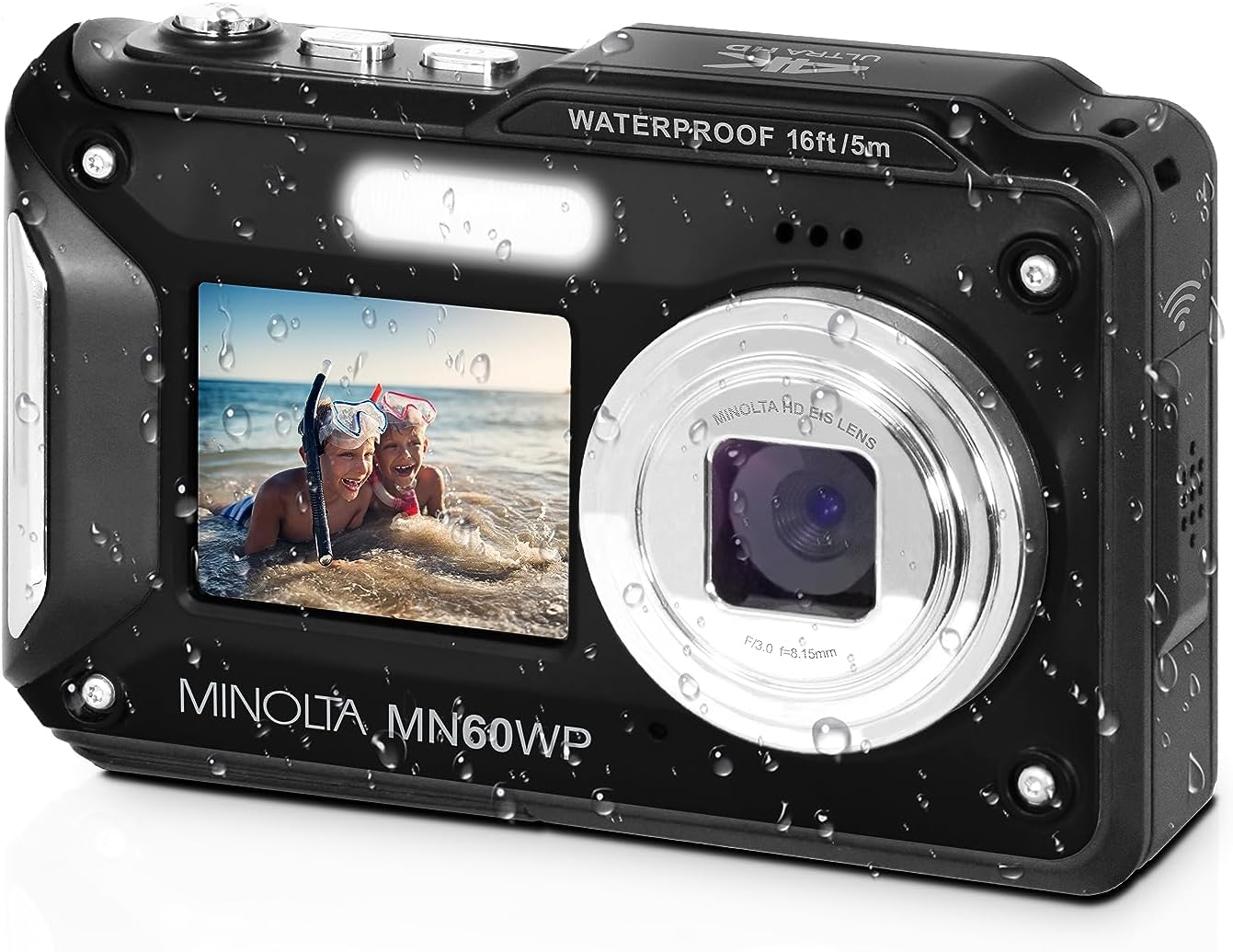 Minolta Waterproof Digital Camera - 48MP Photos, 4K UHD Video, Dual LCD Screens, 16ft Waterproof, 16X Zoom, Anti-Shake, Slow Motion, Compact Point-and-Shoot for Travel & Underwater (Black)