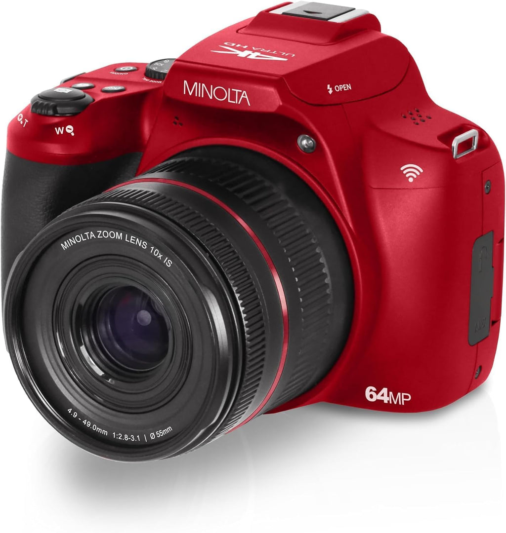 Minolta 64 Mega Pixels Auto Focus Digital Camera with 10x Optical Zoom, 4K Ultra HD Video and Macro Shooting, Bundle with 32 GB Memory Card + Vlogging Tripod + Cleaning kit + More Accessories - Red