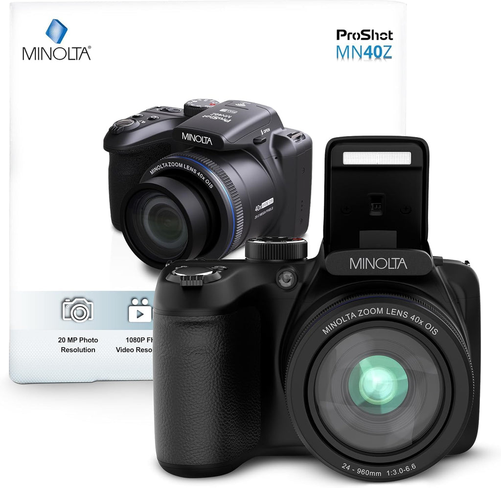 Minolta MN40Z 20MP Digital Camera – 40x Optical Zoom, 1080p FHD Video, 3.0' LCD, Wi-Fi, Face/Smile/Blink Detection – Black