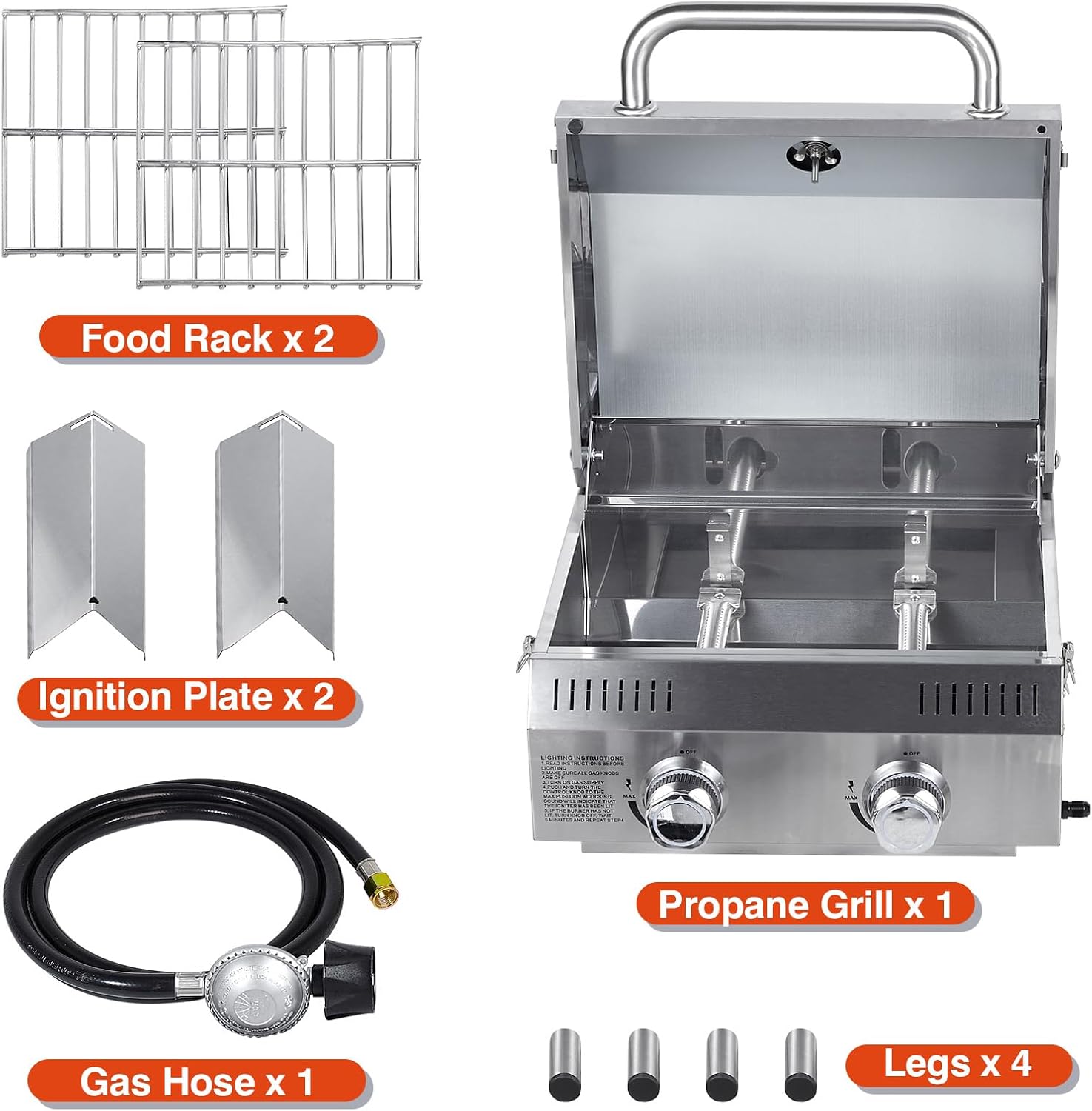Llamaviva Tabletop Propane Gas Grill, 2 Burner 20,000 BTU Stainless Steel Portable BBQ Grill, Compact Outdoor Grill for Camping, RV, Patio, Tailgating, Picnic, Backyard Cooking