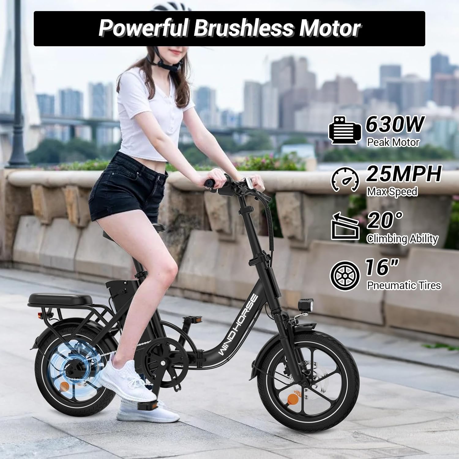 RIDWIND 16' Folding Electric Bike Adults, Peak 630W Adult Electric Bicycles, Up to 25 MPH and 35 Miles Foldable Ebikes, Electric Bike for Teens with 36V 8Ah Removable Battery, UL2849 Certificate