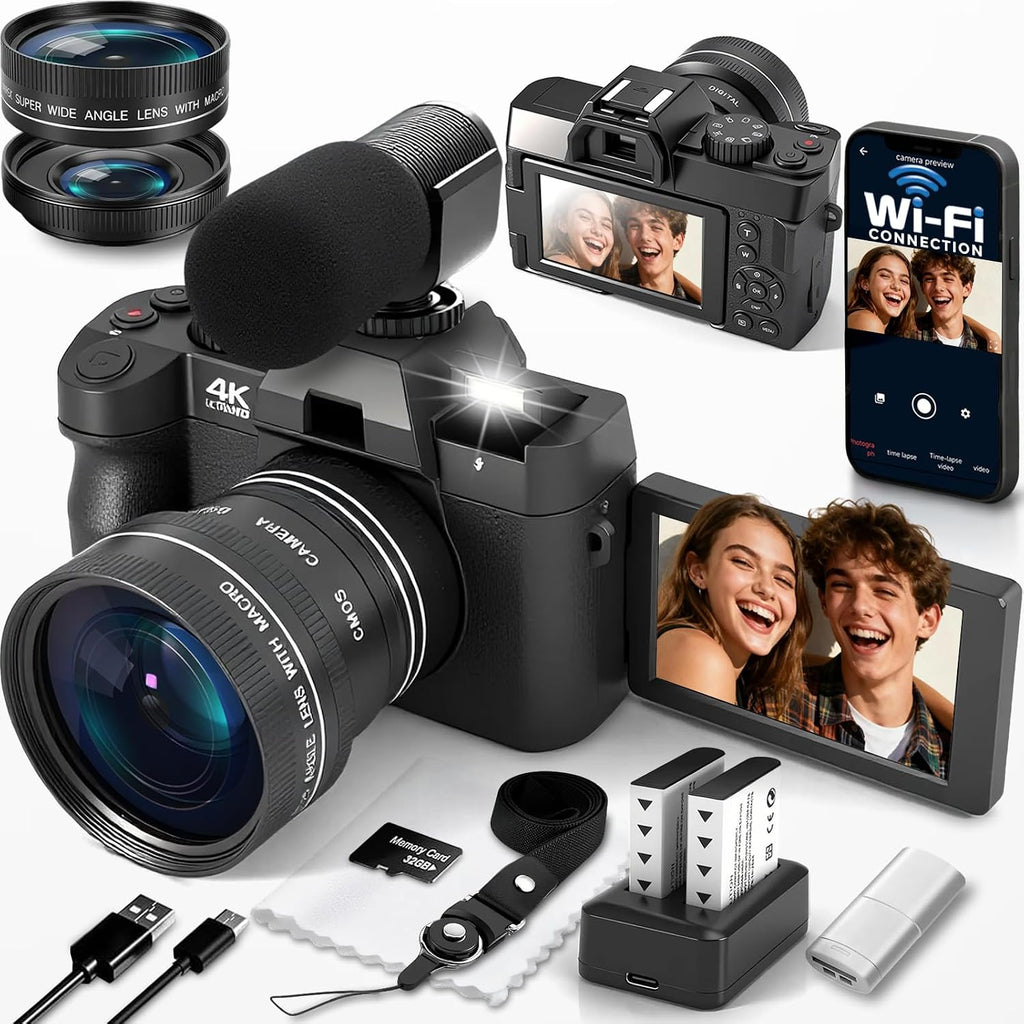 4K Digital Camera for Photography with WiFi Auto-Focus Vlogging Camera for YouTube with Flip Screen, Come with 2 Batteries, Wide & Macro Lens, Microphone, MicroSD Card, Card Reader