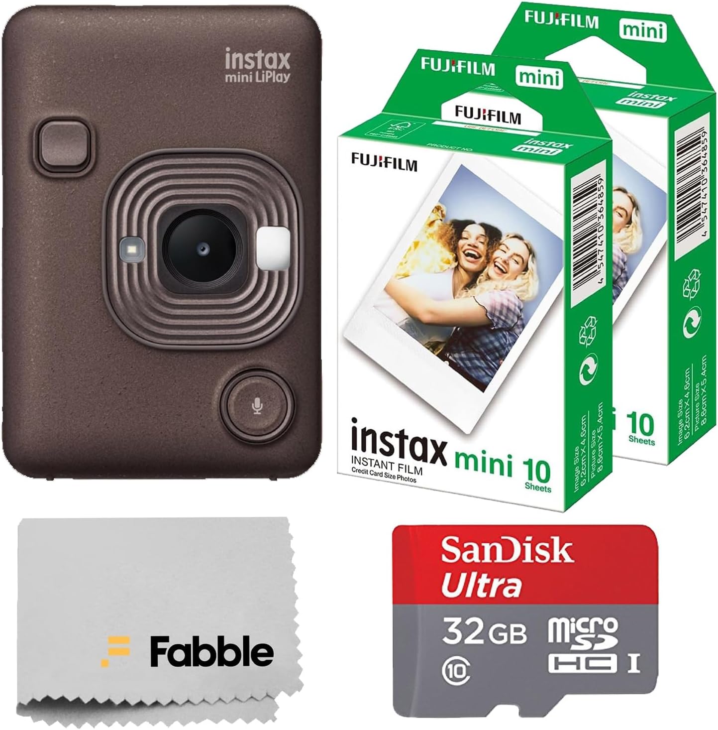 Fujifilm INSTAX Mini LiPlay Hybrid Instant Camera Bundle with 20 Sheets INSTAX Mini Film, 32GB microSD Card, USB Charging Cable, Hand Strap, Cleaning Cloth (Deep Bronze)