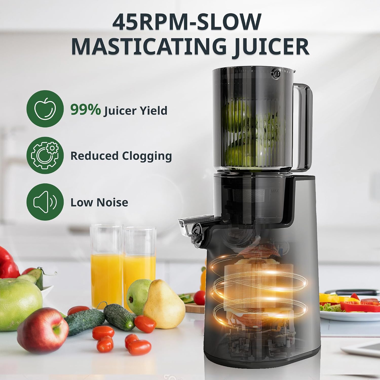 Juicer Machines, Cold Press Juicer with 4' Large Feed Chute Fit Whole Fruits and Vegetables, Easy to Clean, BPA-Free