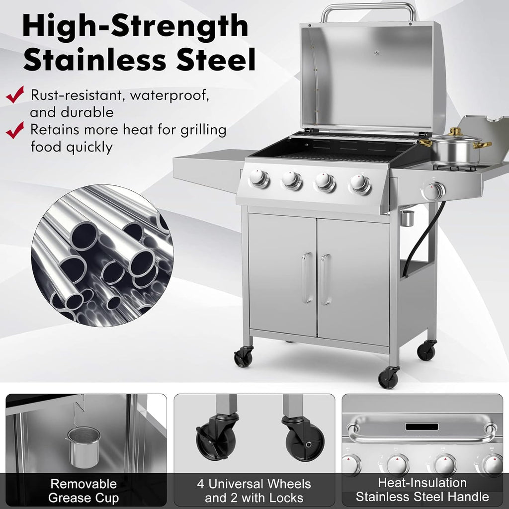 Giantex Propane Gas Grill 50,000 BTU, 4 Main Burners, 1 Side Burner, 2 Prep Tables, Stainless Steel Heavy-Duty BBQ Grill with 4 Wheels for Backyard Party Outdoor Cooking