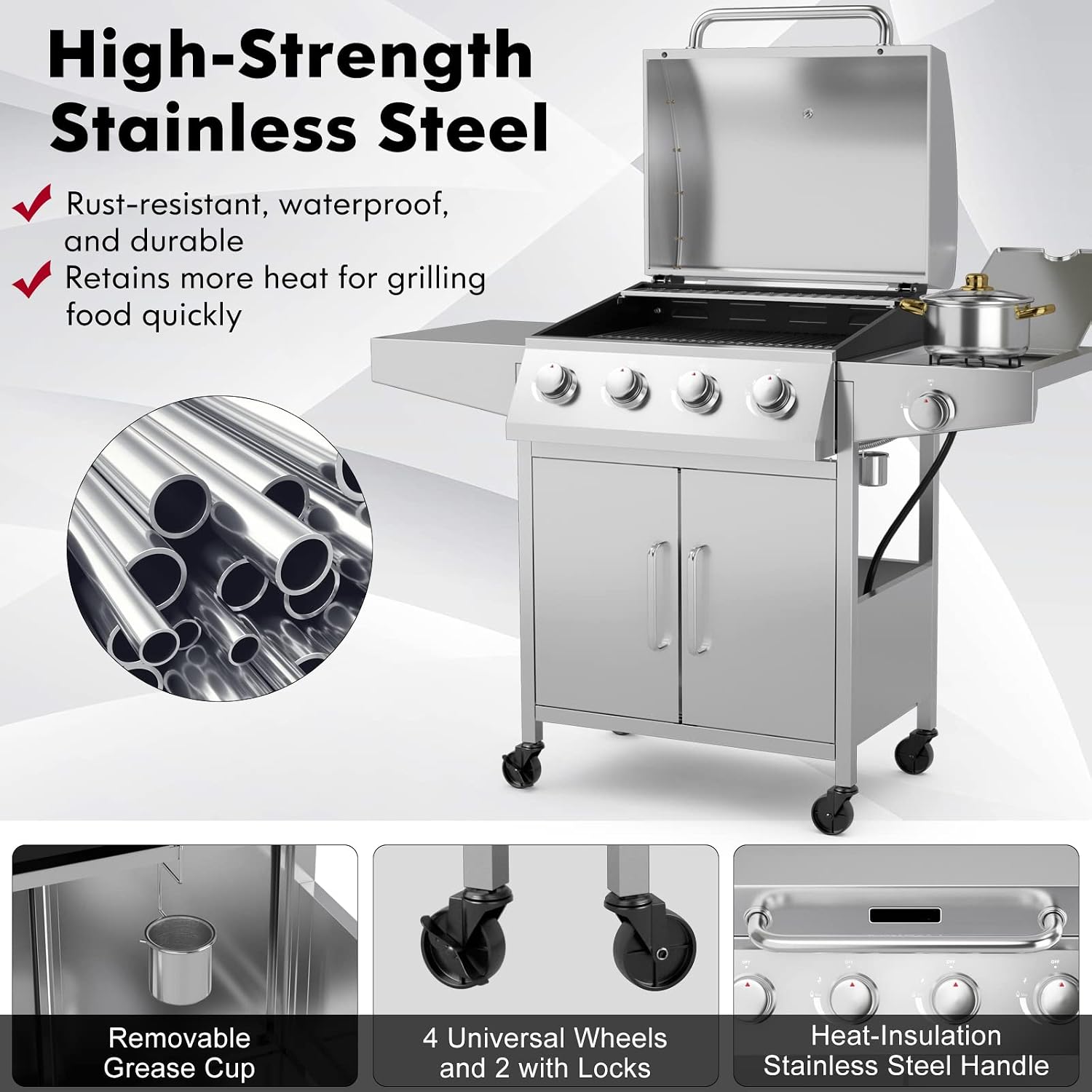 Giantex Propane Gas Grill 50,000 BTU, 4 Main Burners, 1 Side Burner, 2 Prep Tables, Stainless Steel Heavy-Duty BBQ Grill with 4 Wheels for Backyard Party Outdoor Cooking