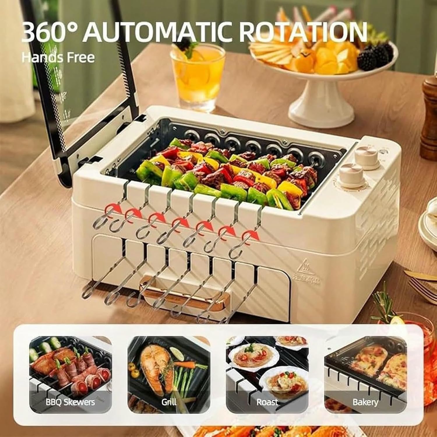 Electric Kebab Grill Machine, Non-Stick Double Layer Grill Oven, Automatic 360° Rotating BBQ Skewers Machine, BBQ Pot for Indoor Outdoor Camping