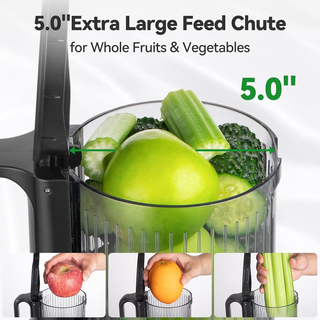 Juicer Machines, Cold Press Juicer with 5.0' Large Feed Chute Fit Whole Fruits & Vegetables, Stainless Steel Masticating Juicer With Pulp Seperation, 99% Juice Purity, 200W Quiet Motor, Easy to Clean