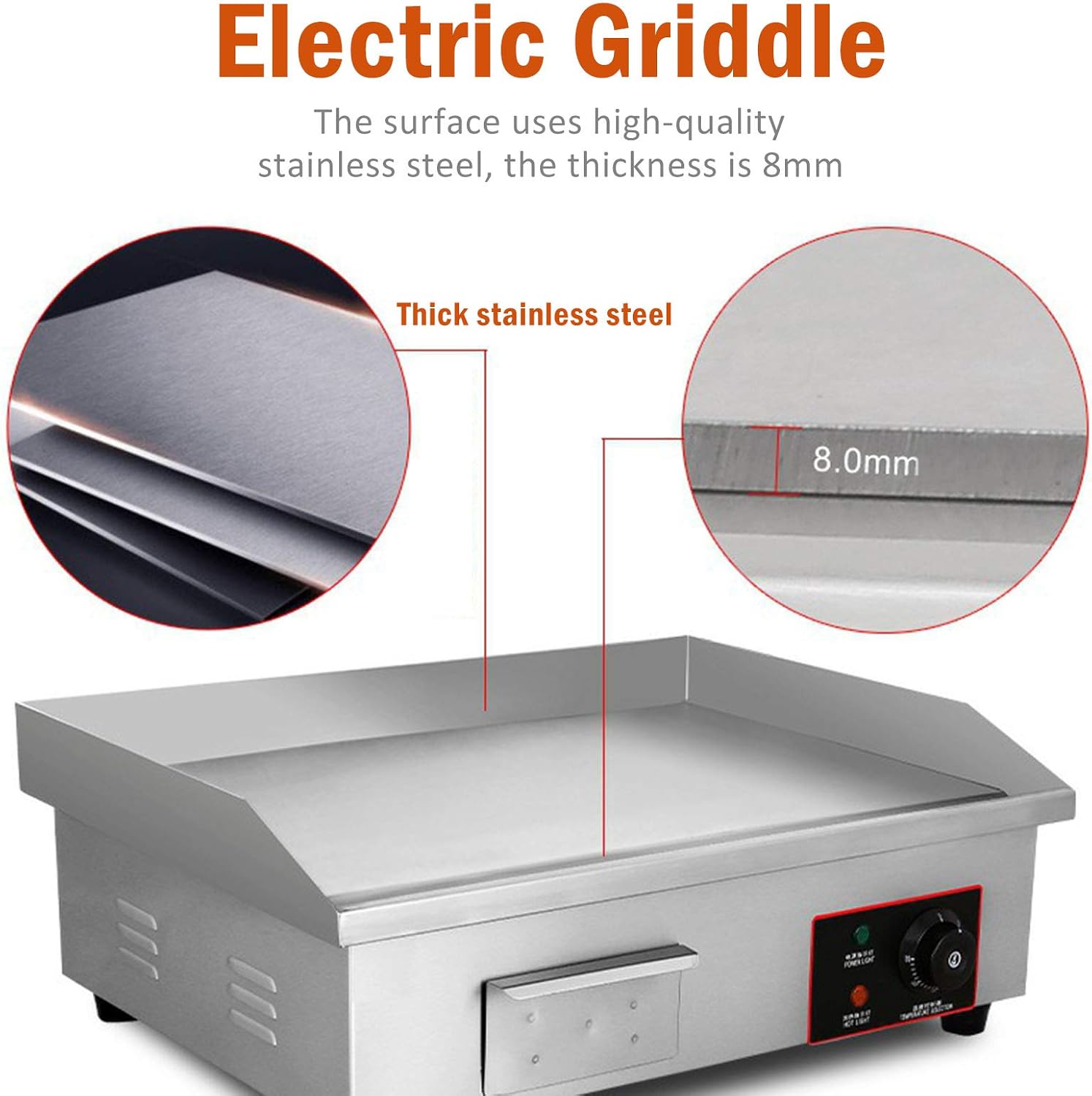 110V 3000W 22' Commercial Electric Countertop Griddle Flat Top Grill Hot Plate BBQ,Adjustable Thermostatic Control,Stainless Steel Restaurant Grill for Kitchen