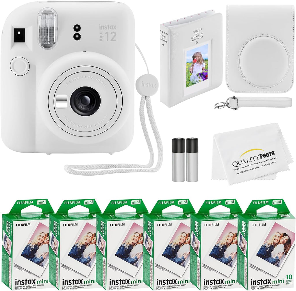 Fujifilm Instax Mini 12 Instant Camera + 60 Photo Prints + Quality Photo Value Bundle, Case, Decoration Stickers, Frames, Photo Album, (Clay White)