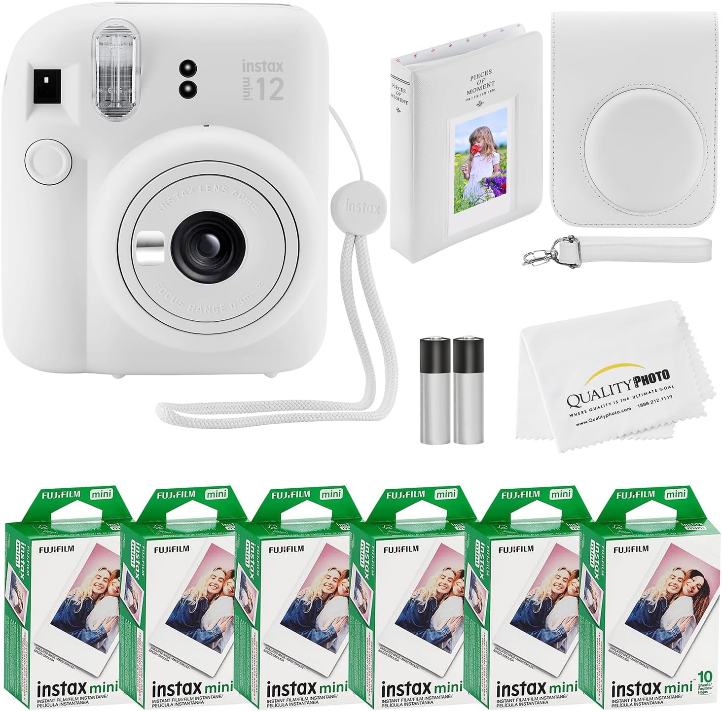 Fujifilm Instax Mini 12 Instant Camera + 60 Photo Prints + Quality Photo Value Bundle, Case, Decoration Stickers, Frames, Photo Album, (Clay White)