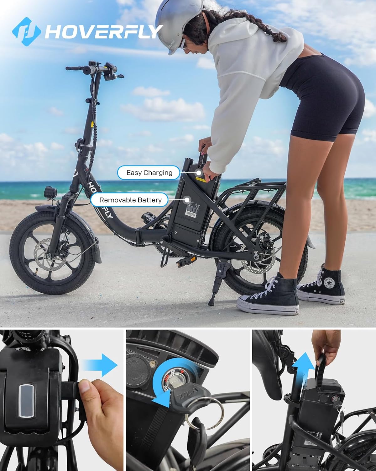 HOVERFLY H3 16' Electric Bike, Max 28Miles Range(Pedal-Assist) Folding E-Bike with Removable Battery, Front Suspension and Commuter Electric Bicycle Adults